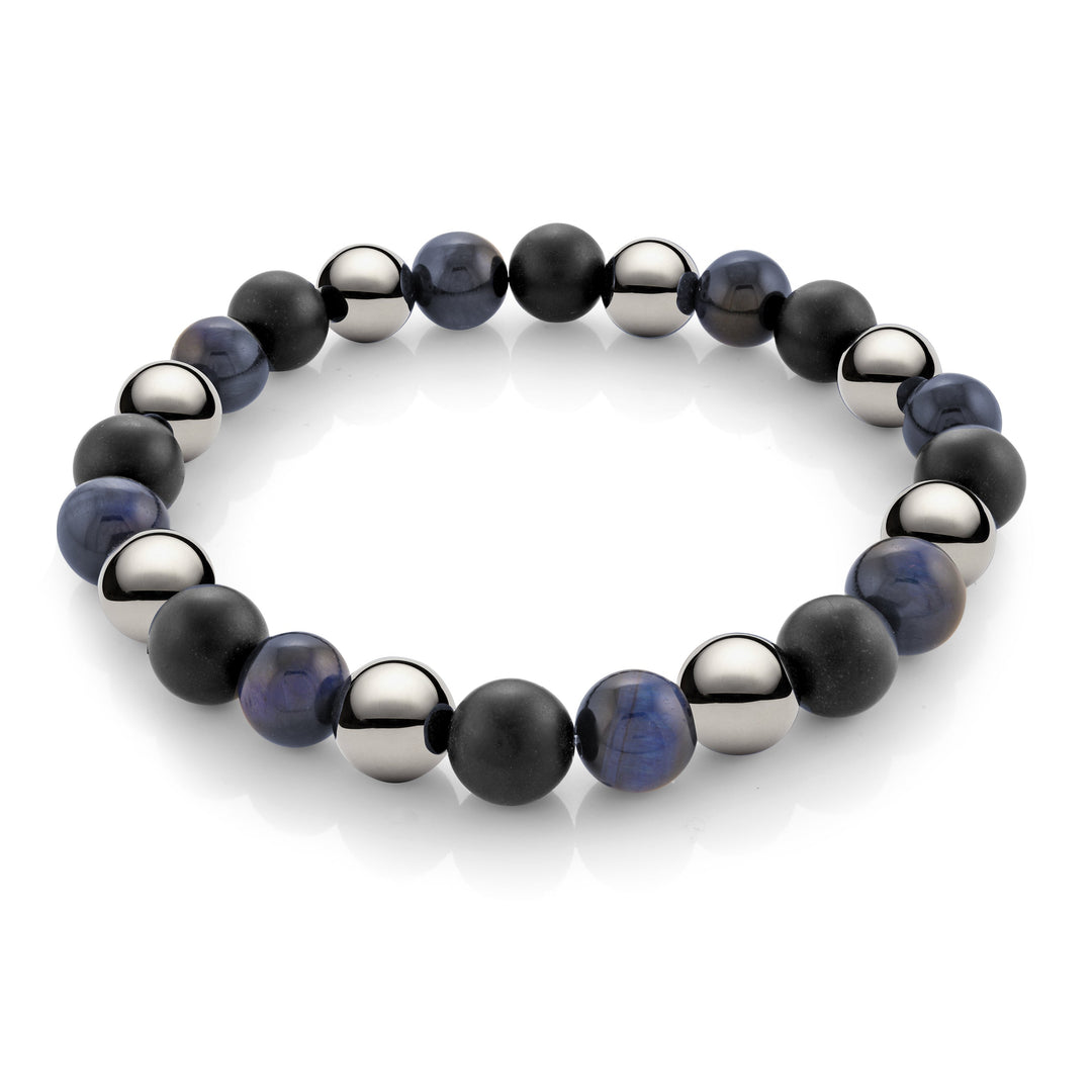 BLUE-TIGER-EYE HEMATITE MATTE-ONYX MIXED-BEAD BRACELET