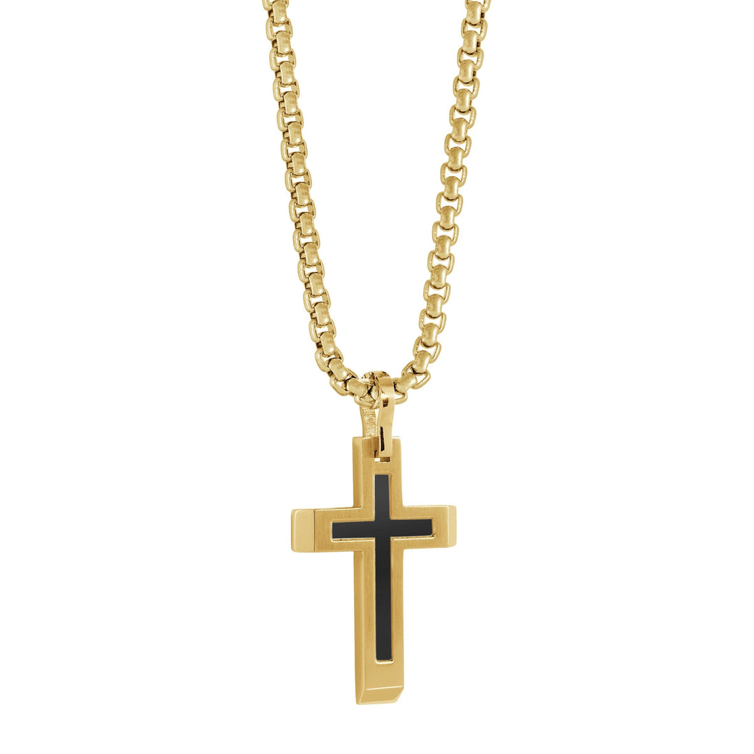 GOLD-IP-S.STEEL BLACK-IP MATTE-CENTRE CROSS NECKLACE