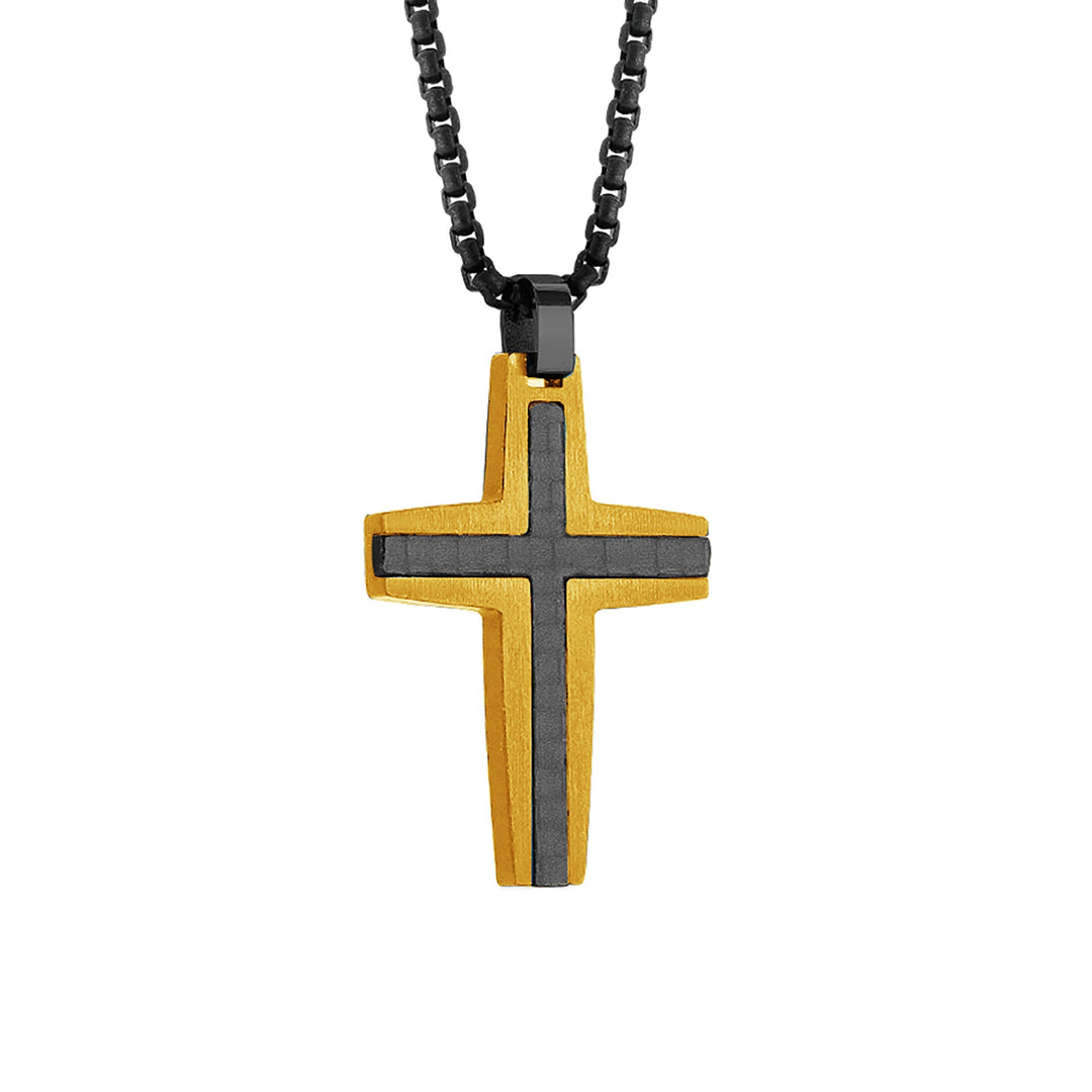 BLACK-GOLD-IP S.STEEL POLISHED-BRUSHED CARBON-FIBRE CROSS-NECKLACE
