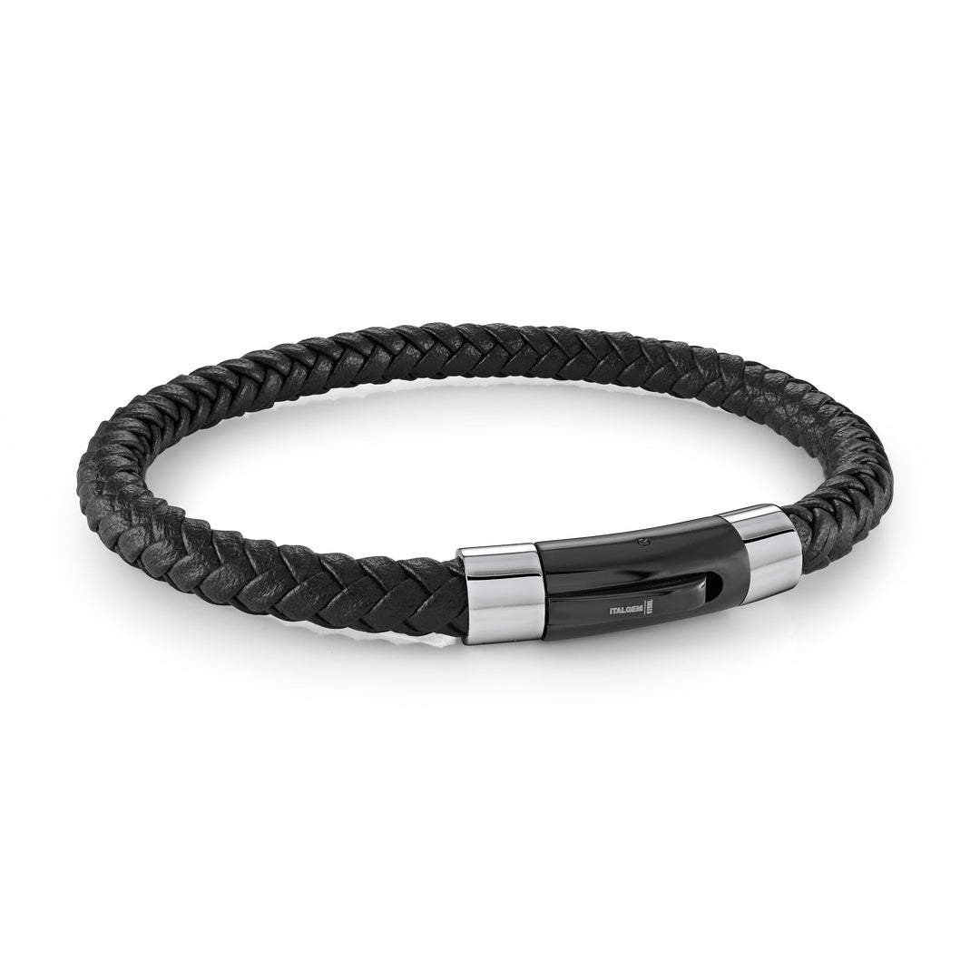 S.STEEL BLACK-IP PUSH-CLASP BLACK-LEATHER BRACELET