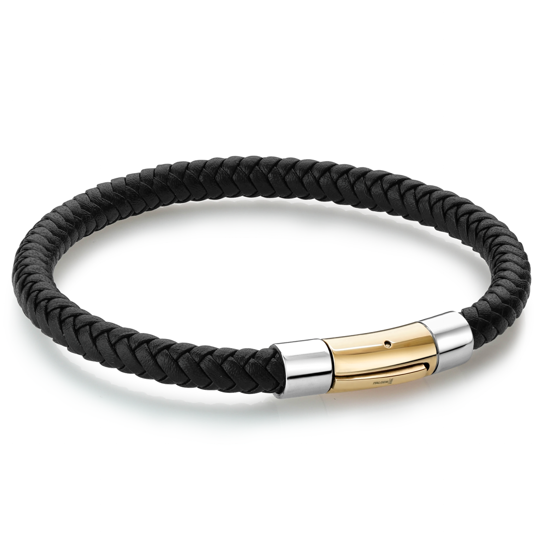 S.STEEL GOLD-IP PUSH-CLASP BLACK-LEATHER BRACELET
