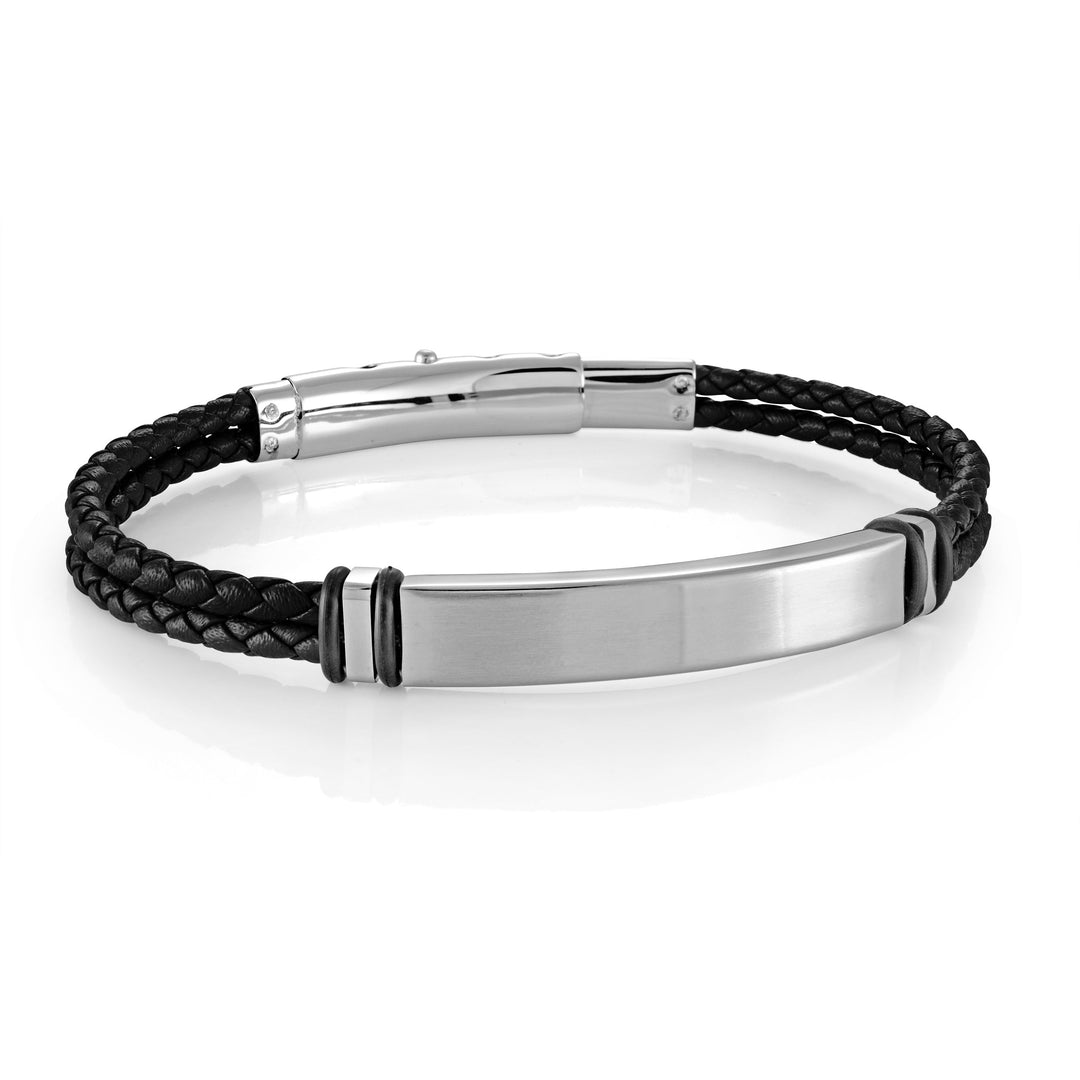 S.STEEL ID-PLATE 3-WAY-CLASP BLACK-LEATHER BRACELET