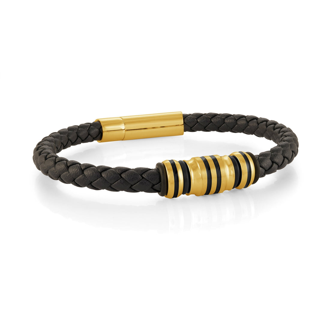 GOLD-IP S.STEEL BLACK-LINES BLACK-LEATHER 8.25''-BRACELET