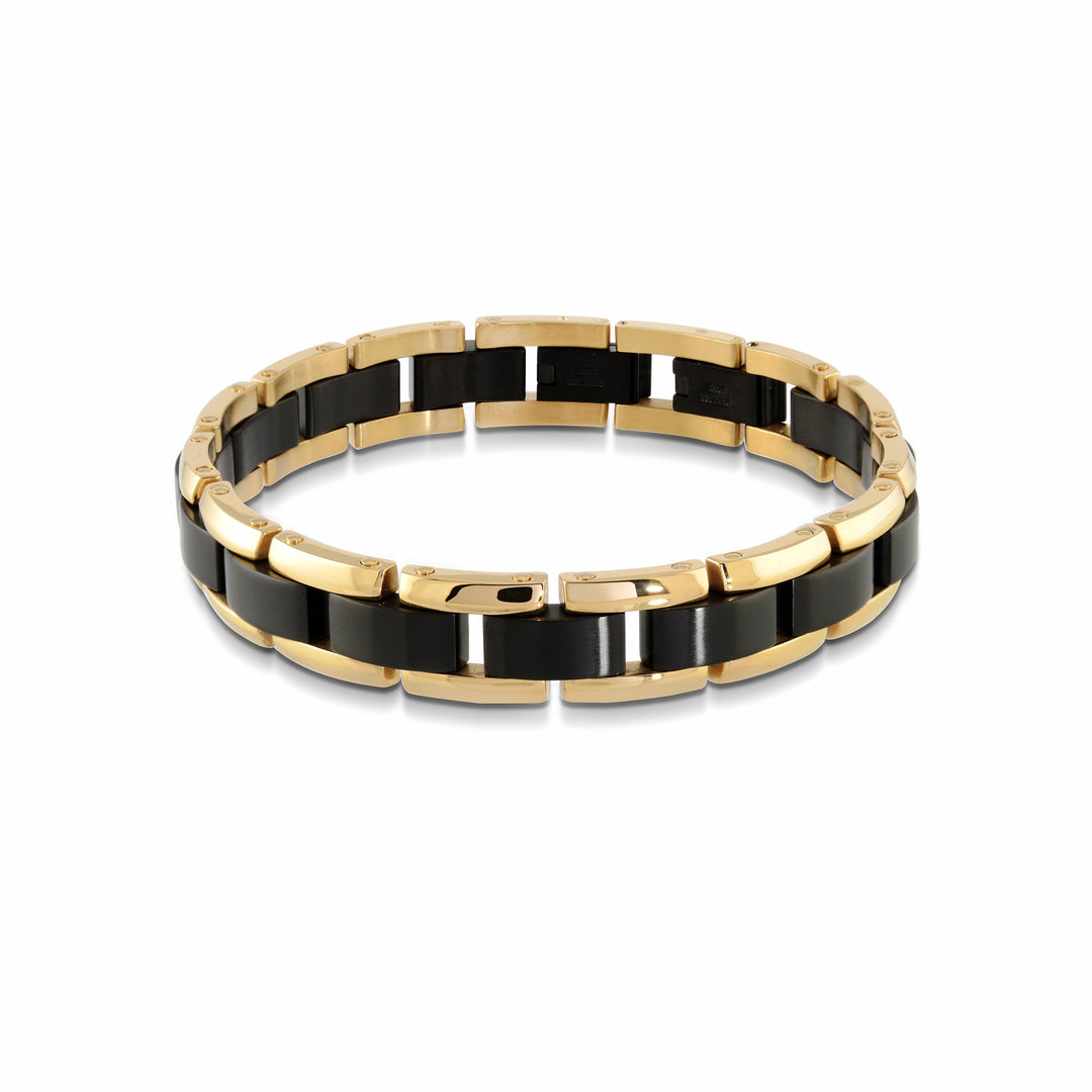 BRUSHED BLACK-IP-STEEL CENTRE-LINK GOLD-IP-EDGES BRACELET