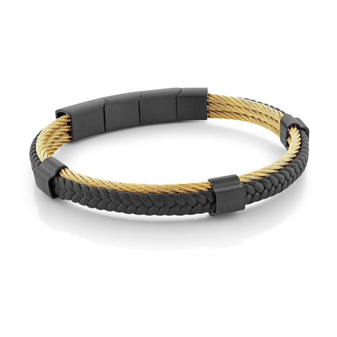 GOLD-IP-CABLE BLACK-IP 2-WAY-CLASP BLACK-LEATHER BRACELET