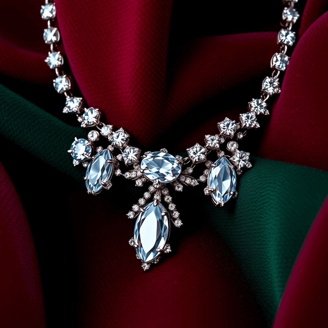 Close-up of sparkling diamond jewelry on rich burgundy, emerald green, and sapphire blue velvet fabric, creating a luxurious and festive Halloween glam look.