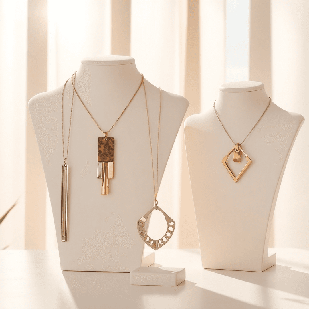 Elegant modern pendant necklaces on minimalist busts in a sunlit summer setting, showcasing mixed metals and sculptural designs.