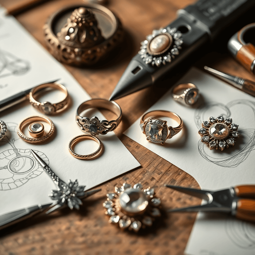 Close-up of vintage rings and brooches arranged with modern jewelry tools and sketches on a wooden workbench, blending old and new design elements.