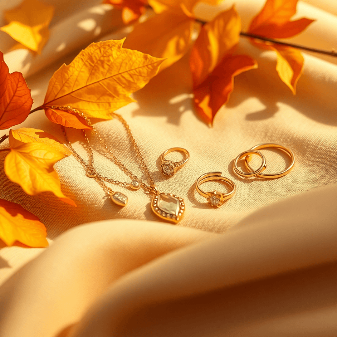Elegant gold jewelry displayed on autumn-toned fabric with golden leaves and soft natural light, creating a warm, inviting atmosphere.