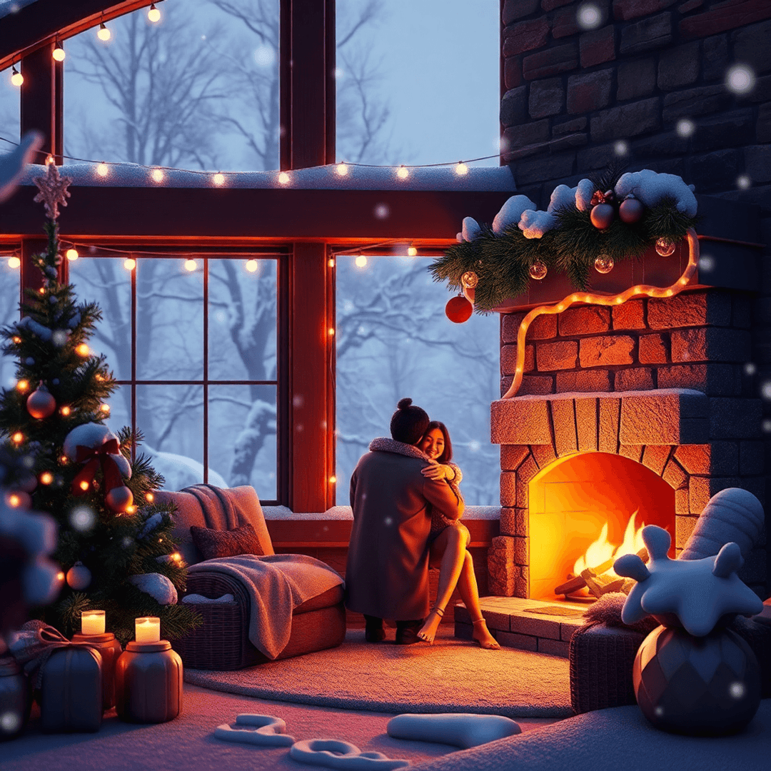 Cozy winter cabin with glowing holiday lights, snow falling outside, and a couple sharing a warm moment by a decorated fireplace.