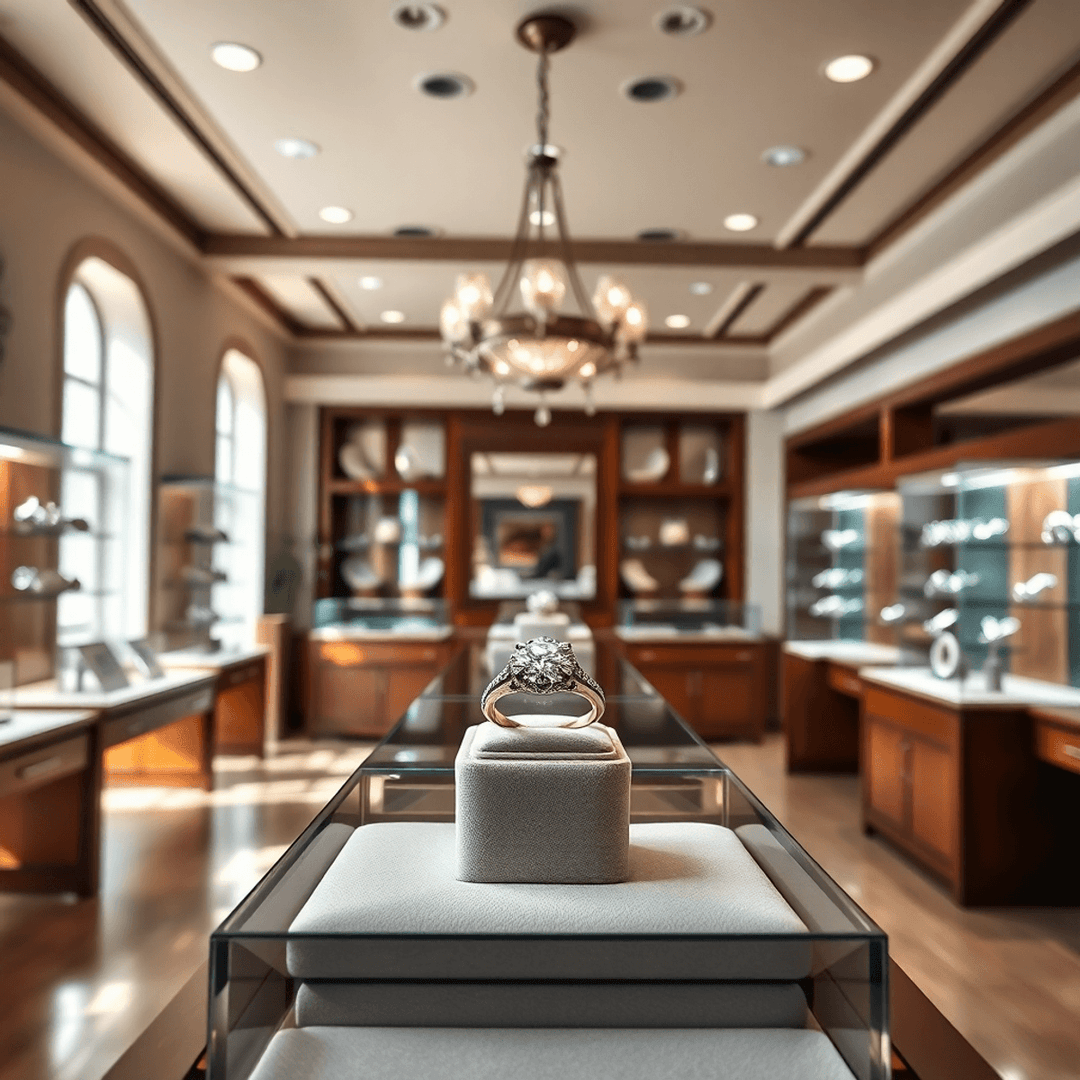 Bright jewelry store interior with elegant engagement rings in glass cases, featuring a sparkling diamond ring at the center.