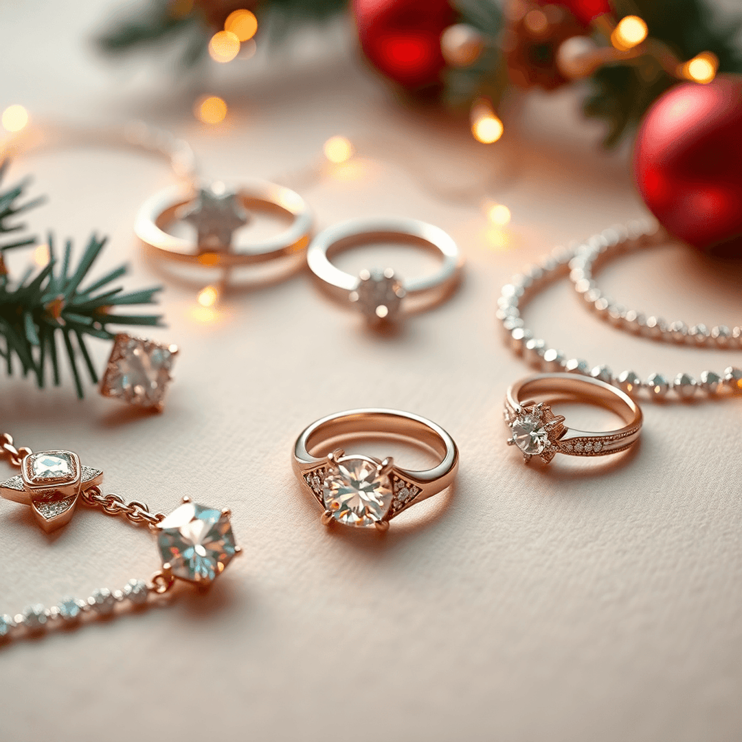 Close-up of sparkling rings, necklaces, and bracelets arranged on a soft background with warm, festive lighting in a 3D render style.