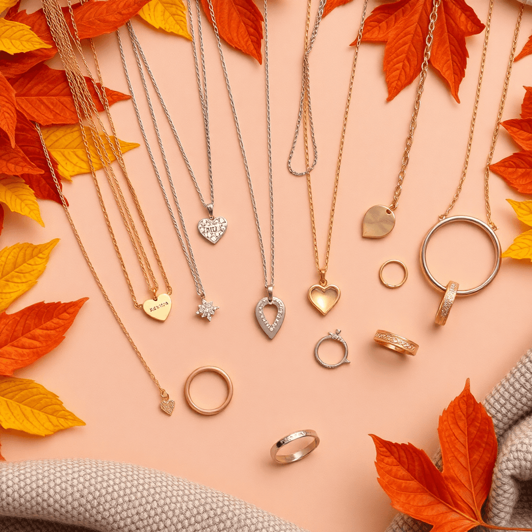 Flat lay of mixed metal jewelry on warm autumn background with fall leaves and cozy textured fabrics.
