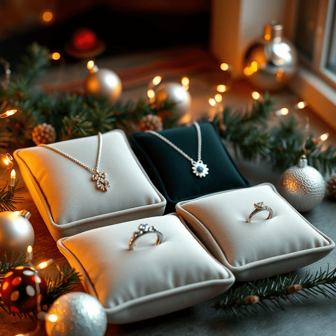 Elegant custom jewelry on velvet cushions with pine branches, fairy lights, and ornaments in a warm, festive holiday setting.