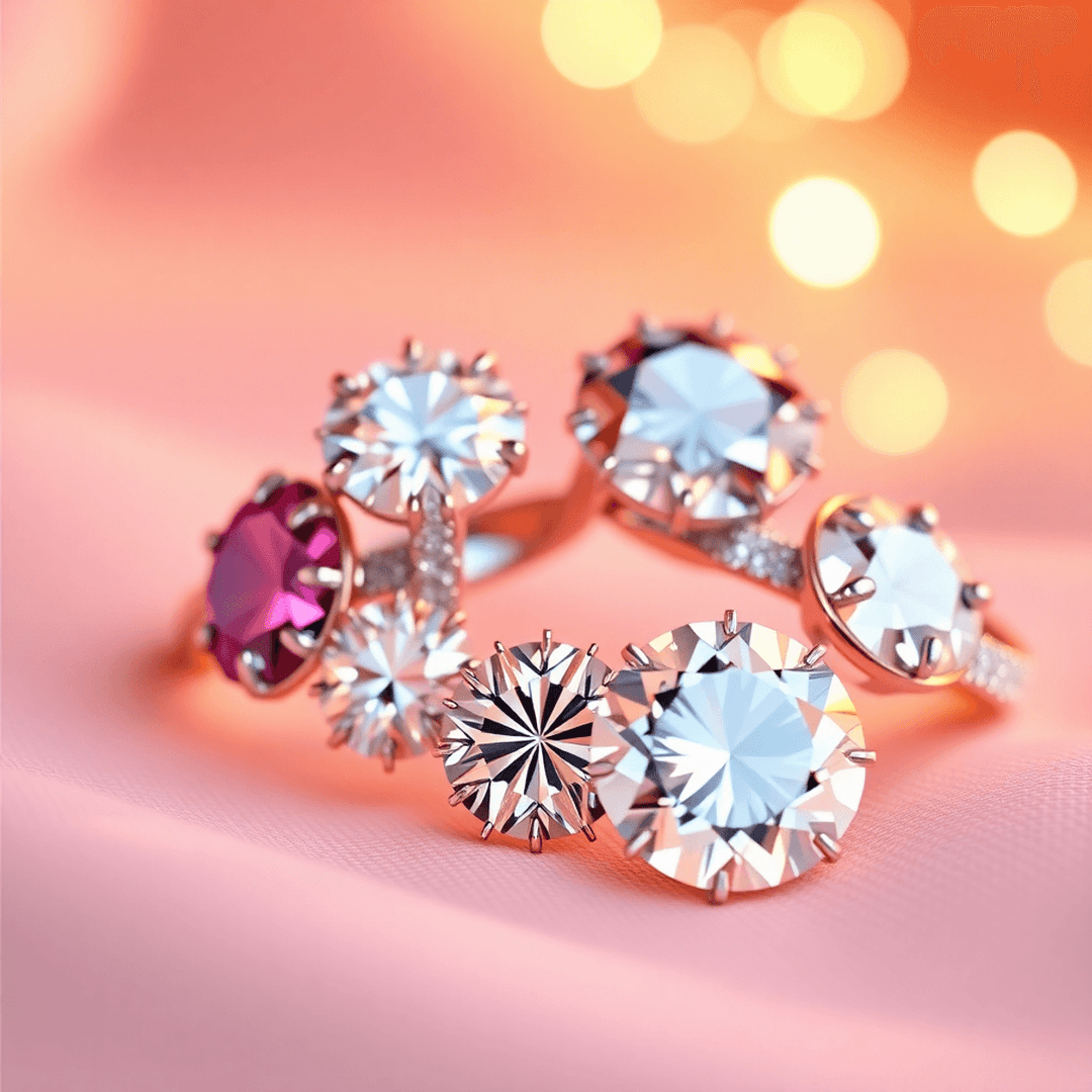 Close-up of sparkling diamond and gemstone jewelry on a soft, warm-lit background, symbolizing love and timeless beauty in 3D render style.