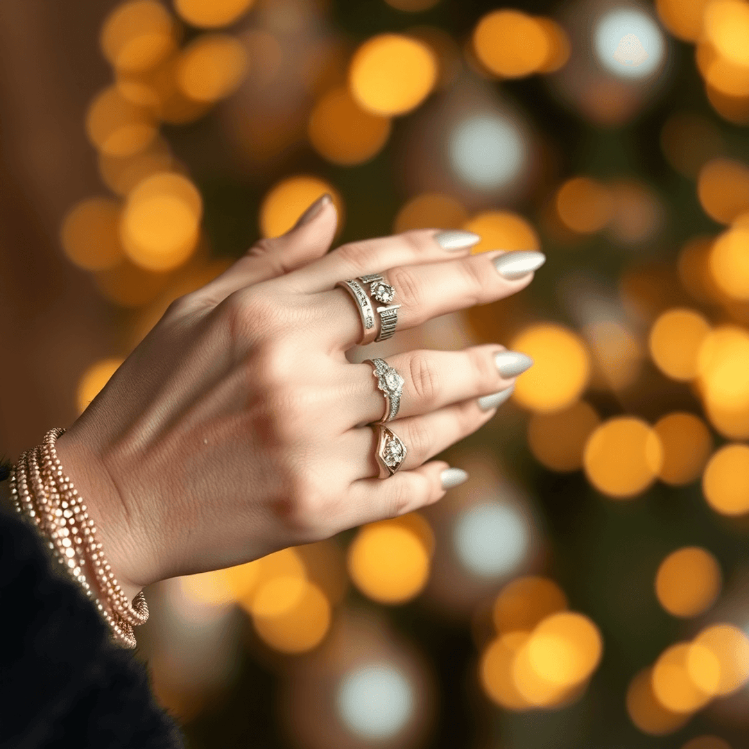 Close-up of hands with layered bracelets and rings against a softly blurred festive background with warm holiday lights.
