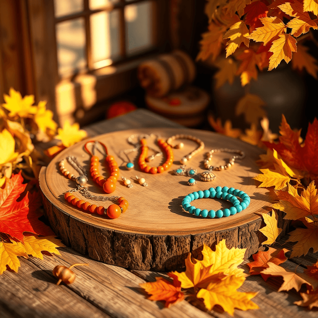 Vibrant summer jewelry on rustic wooden table with fall leaves and warm golden light in a cozy autumn setting, 3D render.