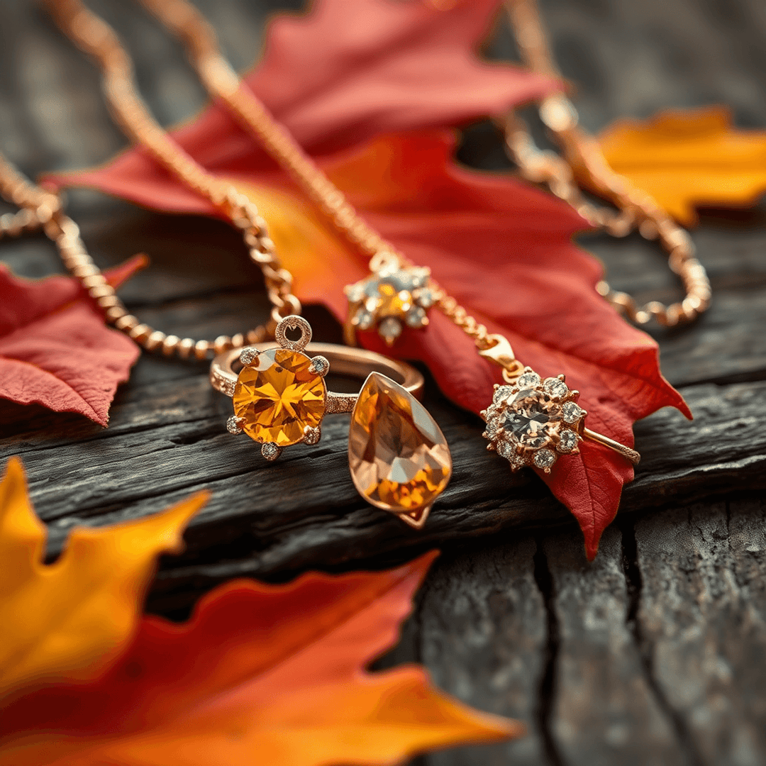 Close-up of rose gold and yellow gold jewelry on rustic wood with autumn leaves, bathed in soft fall light, creating a cozy and elegant autumn scene.