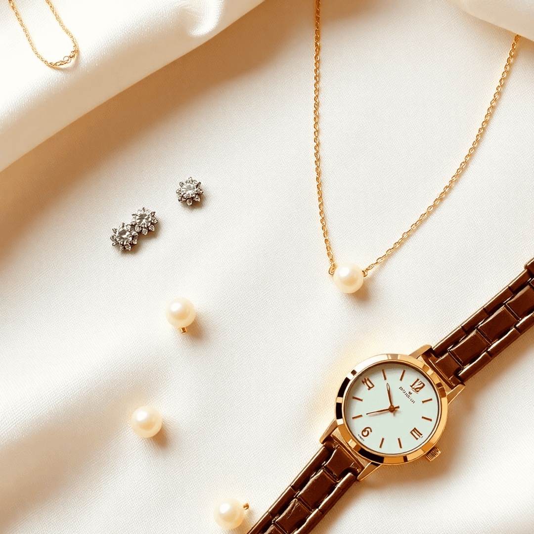 Flat lay of diamond studs, pearl earrings, gold necklace, and classic watch on soft neutral fabric, showcasing elegant and versatile jewelry pieces.