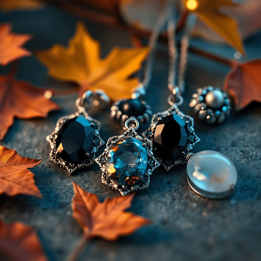 Close-up of elegant gemstone jewelry with dark stones on a soft glowing autumn leaves background and subtle ethereal light, creating a magical Halloween vibe.