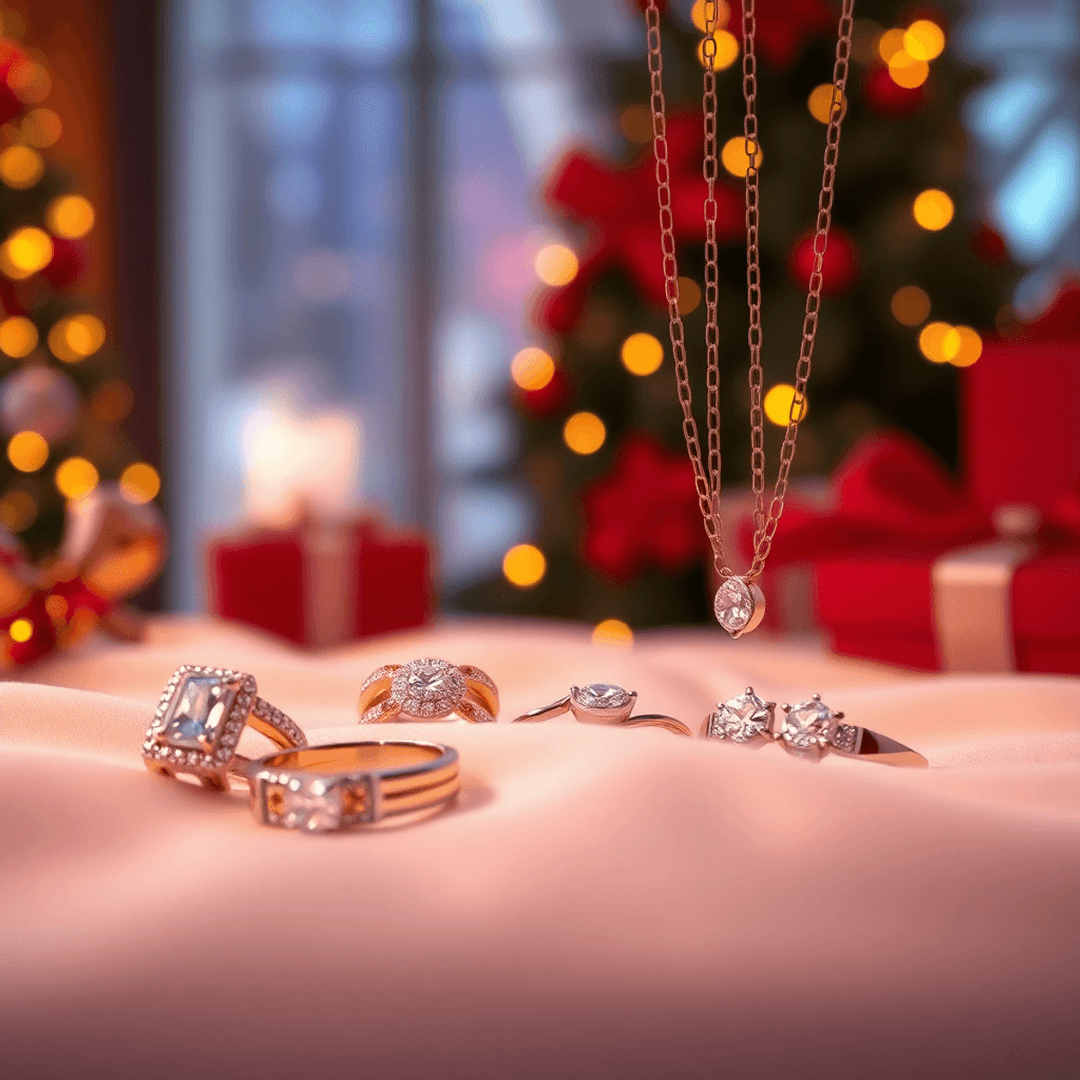 Close-up of sparkling rings and necklaces on soft fabric with warm lighting, evoking festive holiday shopping in a 3D render style.