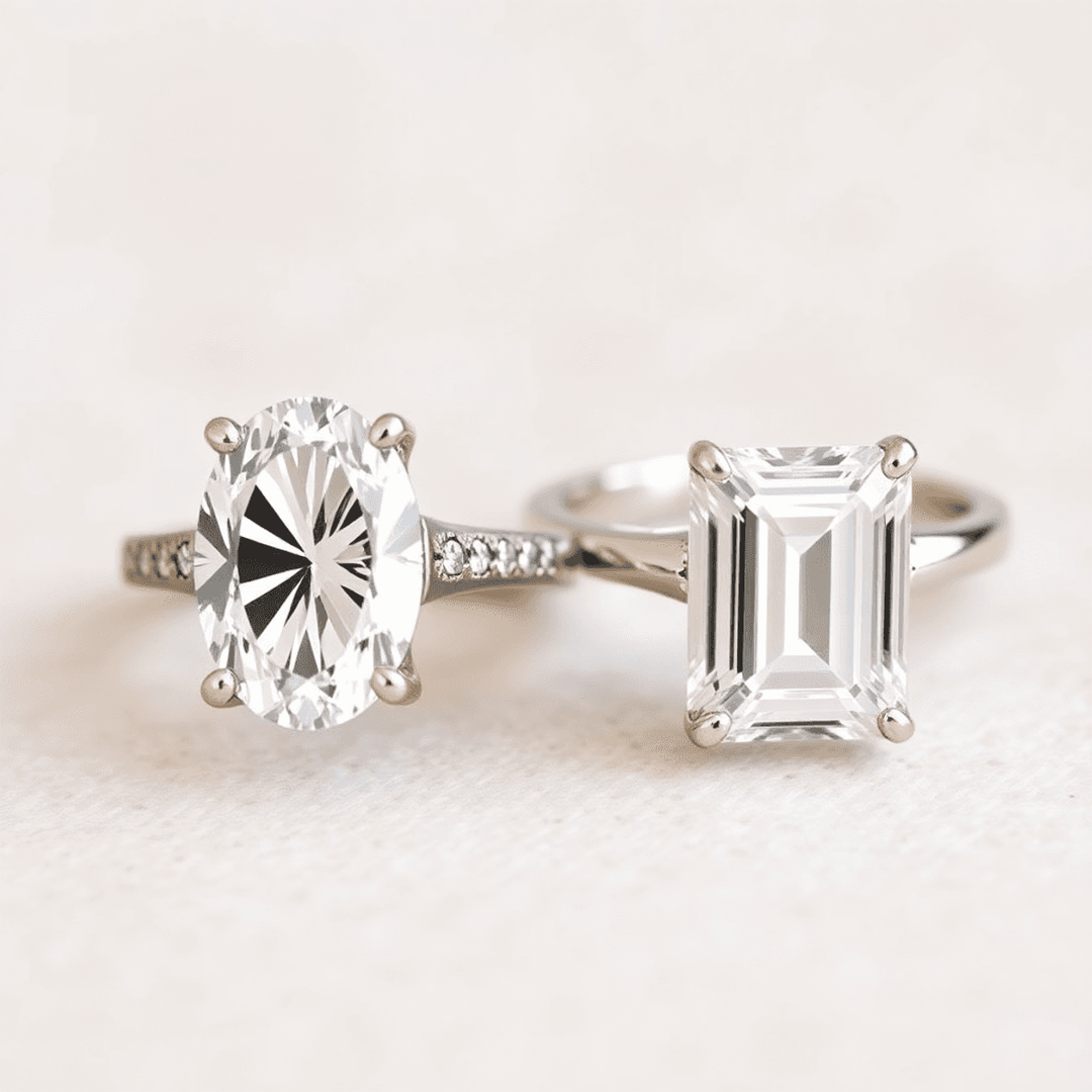 Close-up of two elegant engagement rings with oval and emerald cut diamonds on a soft neutral background, showcasing their distinct shapes and sparkle.