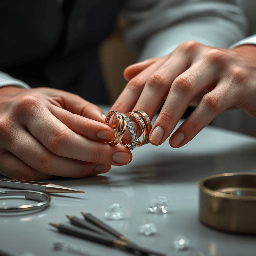 Close-up of gold and silver rings held by hands over a workbench with tools and gemstones, softly lit to highlight jewelry craftsmanship.