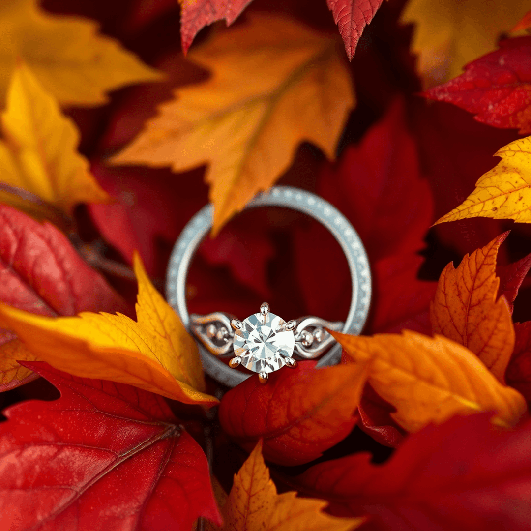 Close-up of a custom engagement ring resting on vibrant autumn leaves in warm gold, deep red, and burnt orange hues, 3D render.