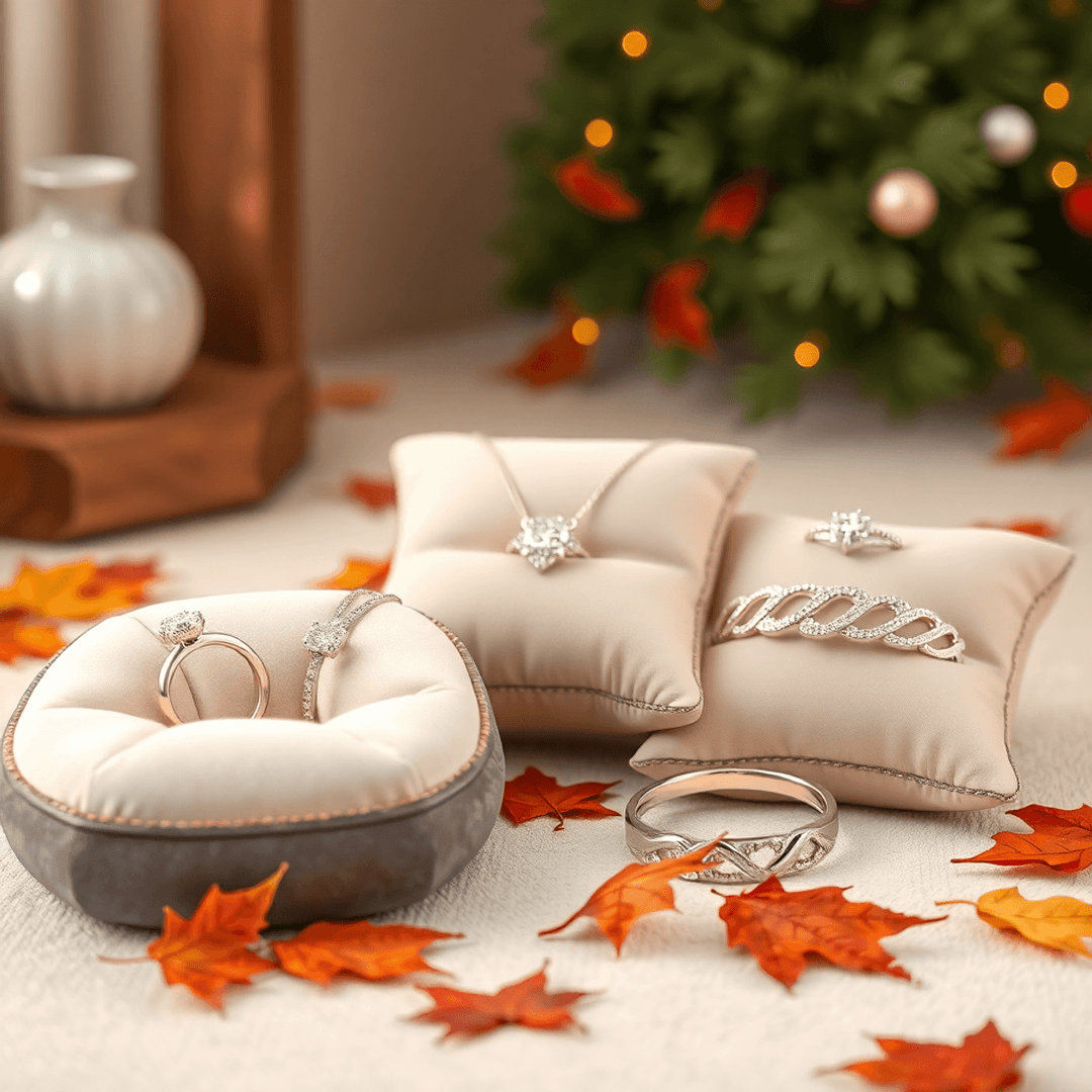 Elegant jewelry on velvet cushions with autumn leaves scattered around, evoking a warm November holiday shopping scene in 3D render style.