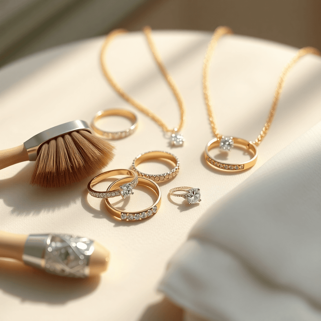 Close-up of sparkling gold and silver rings and necklaces on a soft surface with cleaning tools, softly lit to highlight their shine.