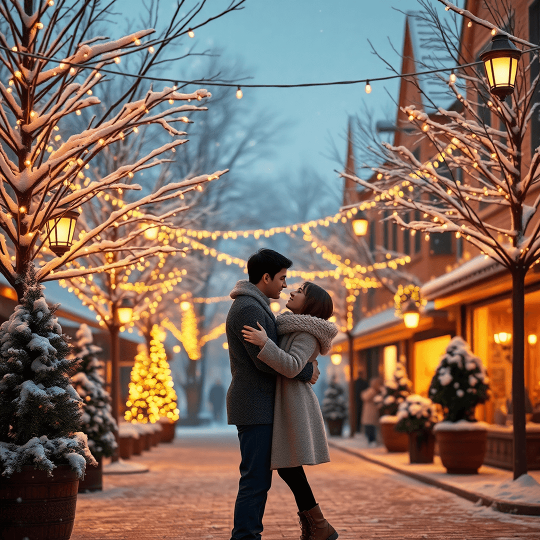 Romantic couple embracing in a snowy town square with glowing holiday lights on trees and gently falling snowflakes in warm golden light, 3D render.