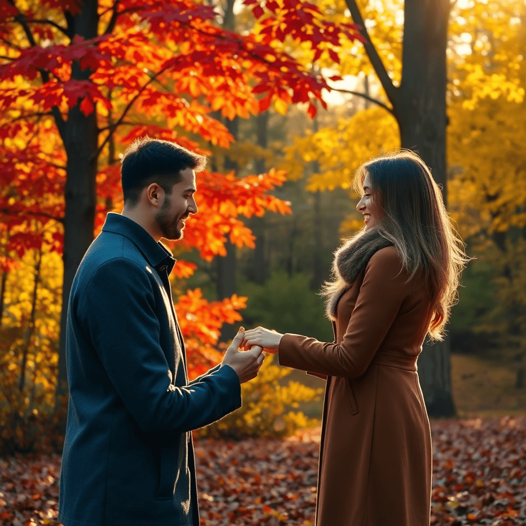 Couple in a cozy autumn forest with colorful fall leaves and warm sunlight, sharing a romantic proposal moment.