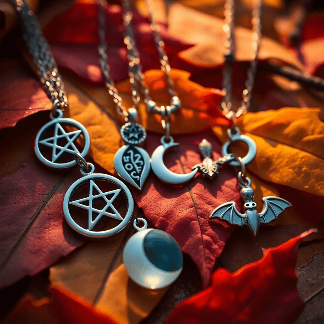 Close-up of witchy jewelry with pentagram pendants, crescent moons, and bat charms on autumn leaves under warm golden light.