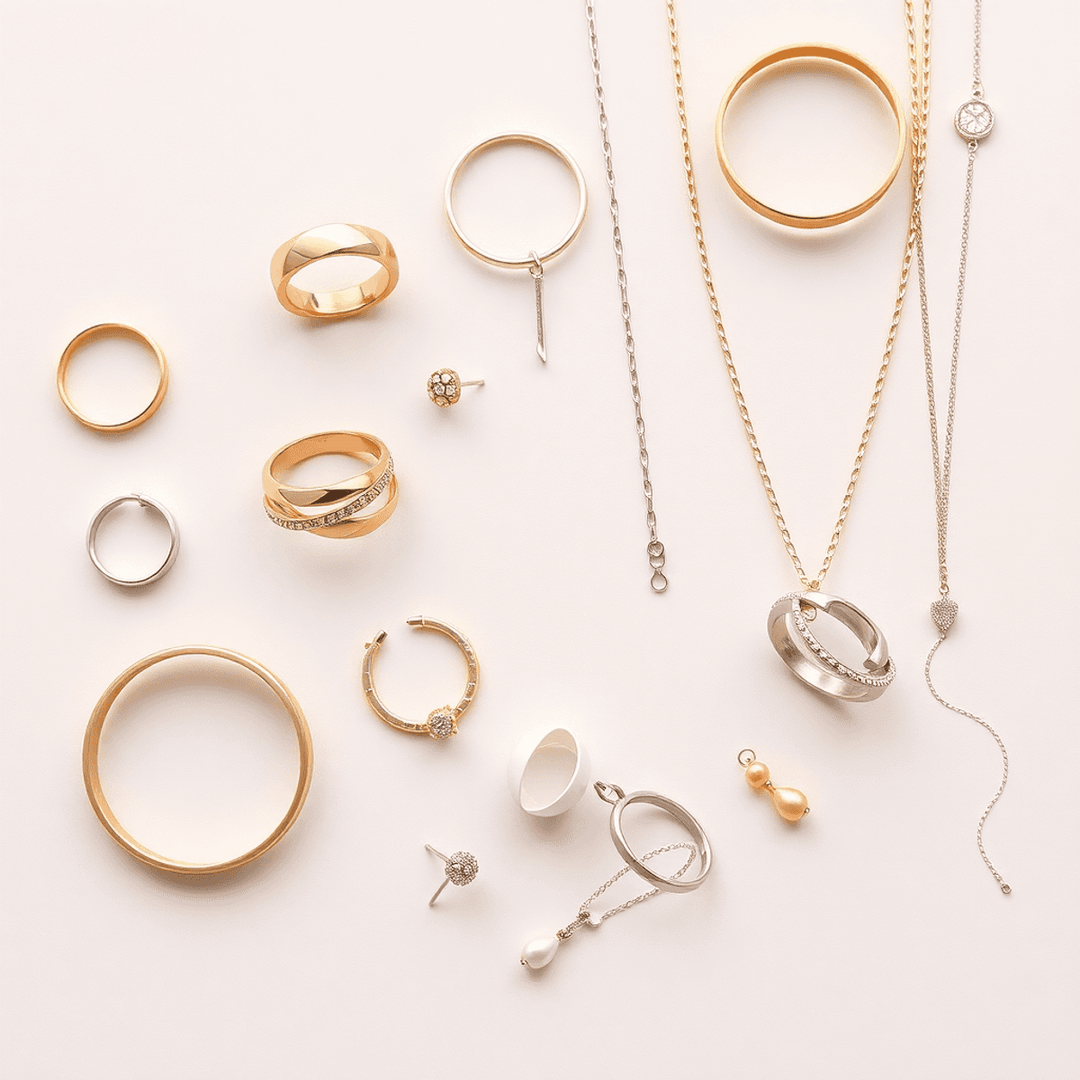 Flat lay of mixed metal jewelry—rings, bracelets, necklaces, and earrings—in gold, rose gold, white gold, and silver on a neutral background.
