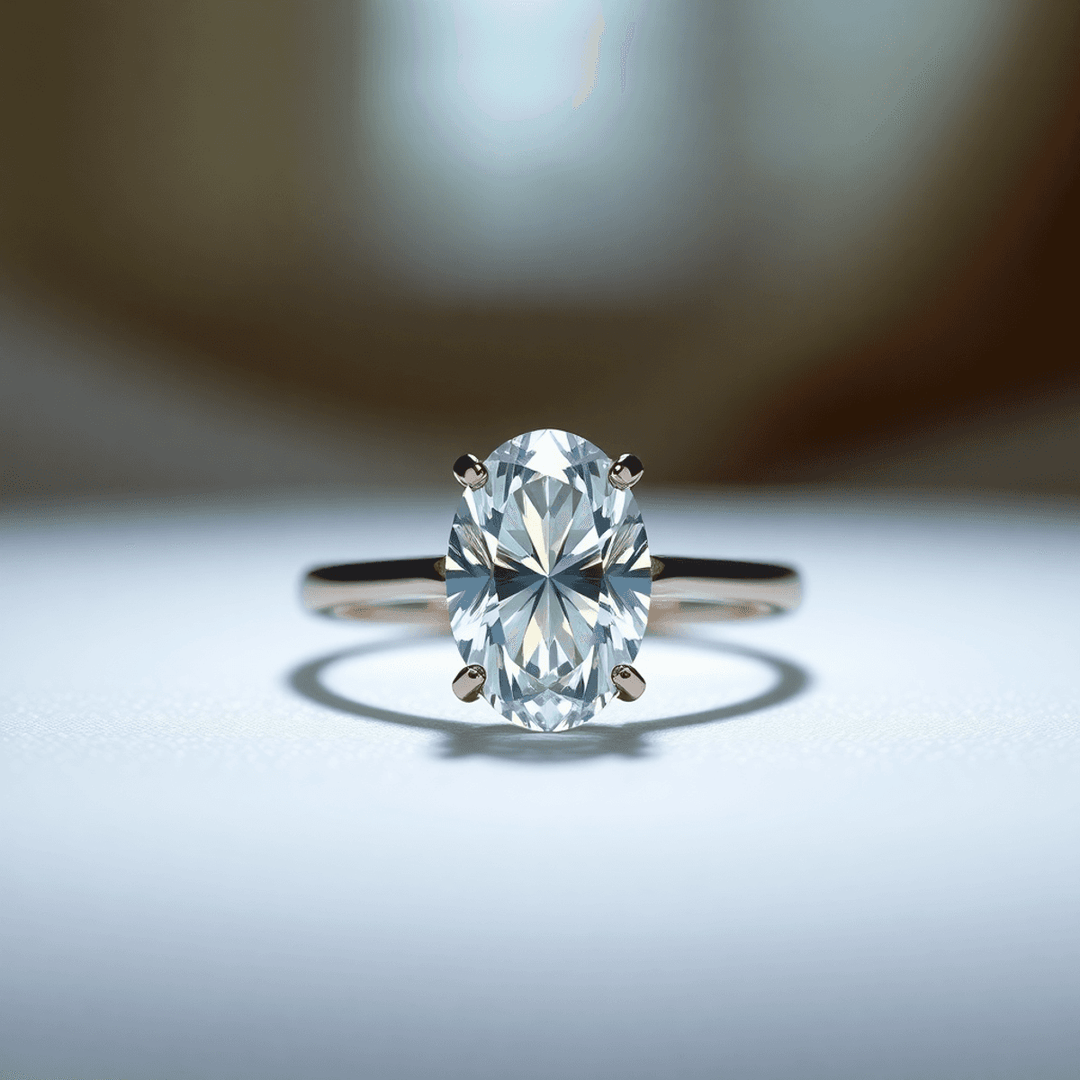 Close-up of a sparkling oval diamond engagement ring on a softly lit elegant background, highlighting its brilliant facets and elongated shape.