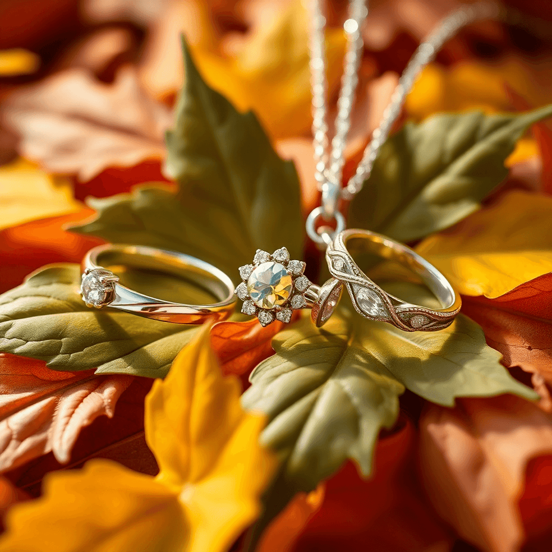 Close-up of elegant silver and gold rings and necklaces on colorful autumn leaves, highlighted by warm natural light in a 3D render style.