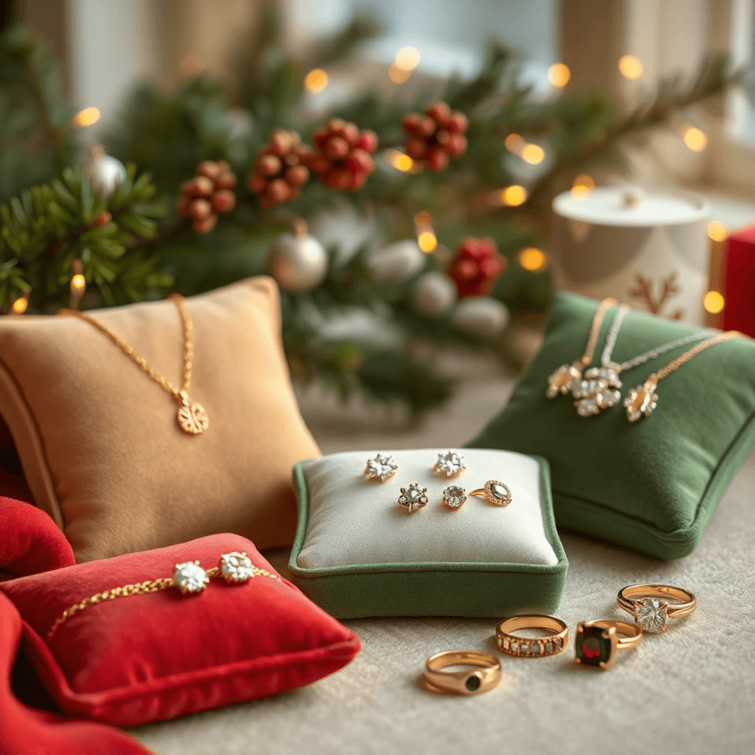 Elegant jewelry on velvet cushions with holiday greenery and twinkling lights, evoking a warm, festive, and joyful gift-giving atmosphere.