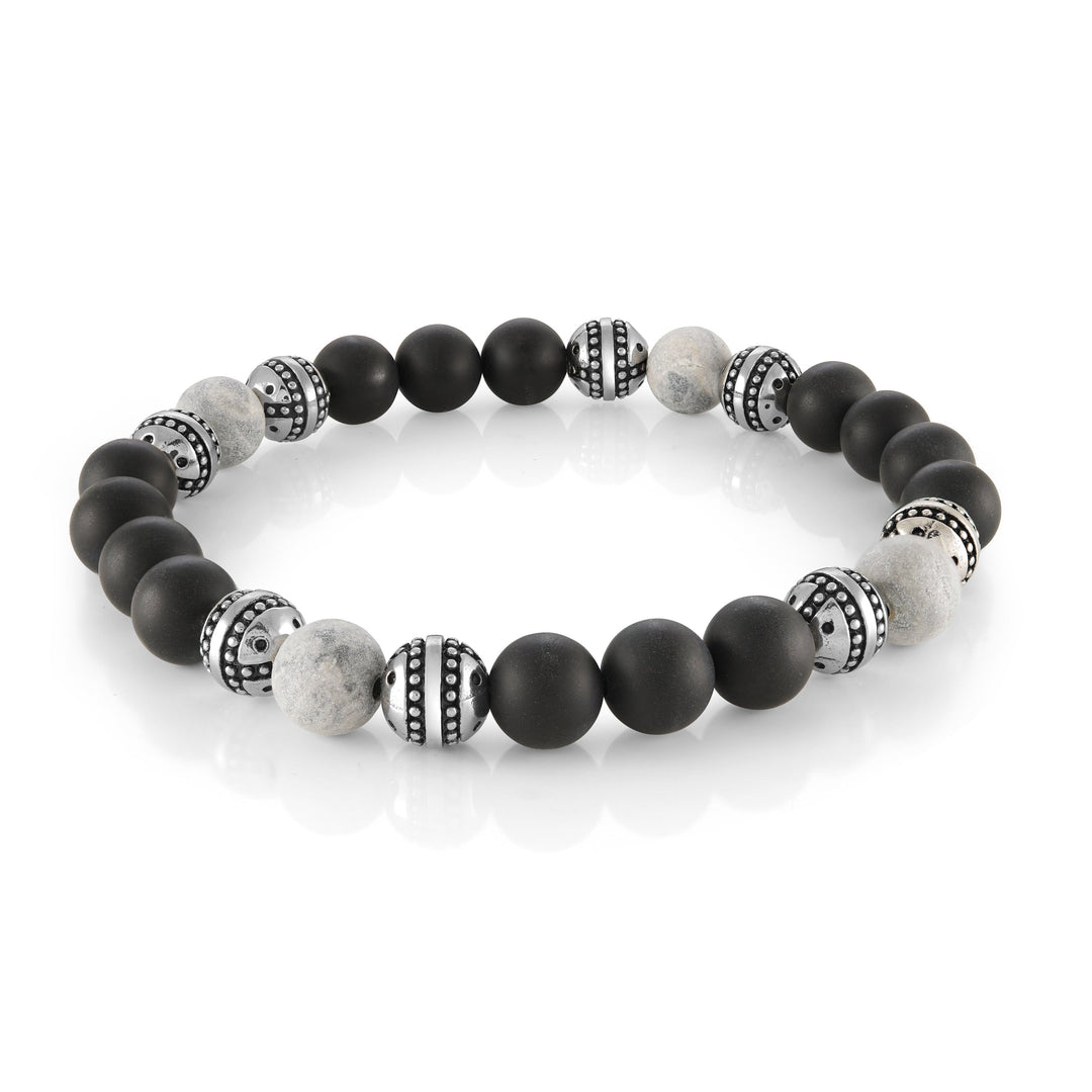 Grey Stone And Black Matte Onyx Beaded Stretch Bracelet 8.2 Inch