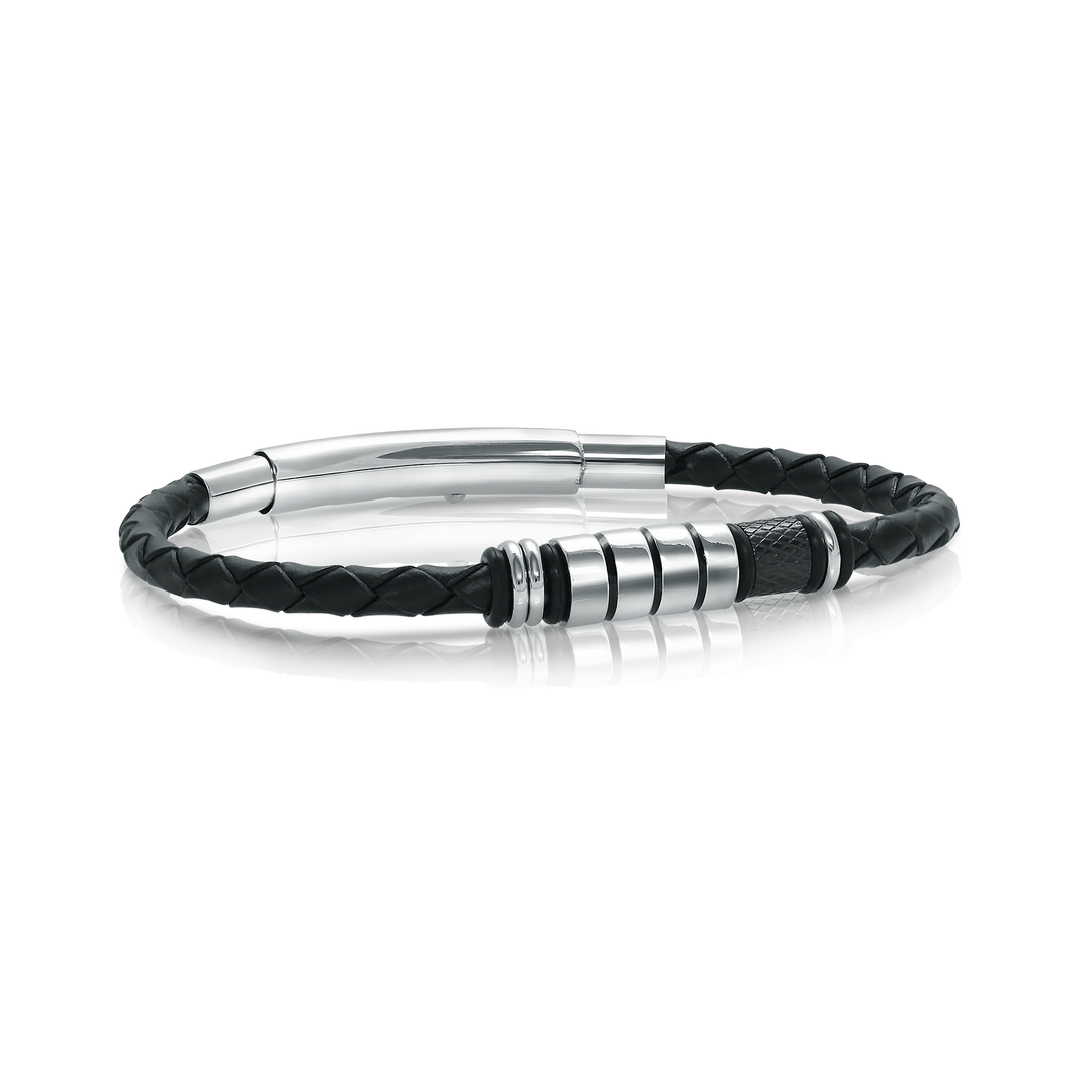 Stainless Steel Black IP Leather 3-Way Clasp Bracelet