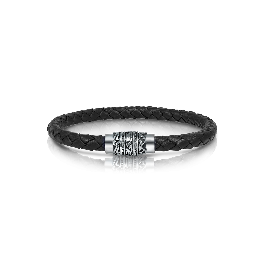 Stainless Steel Engraved Clasp Black Leather Bracelet