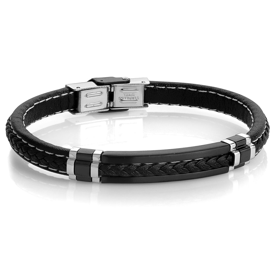Black IP Stainless Steel Black Braided Leather Bracelet