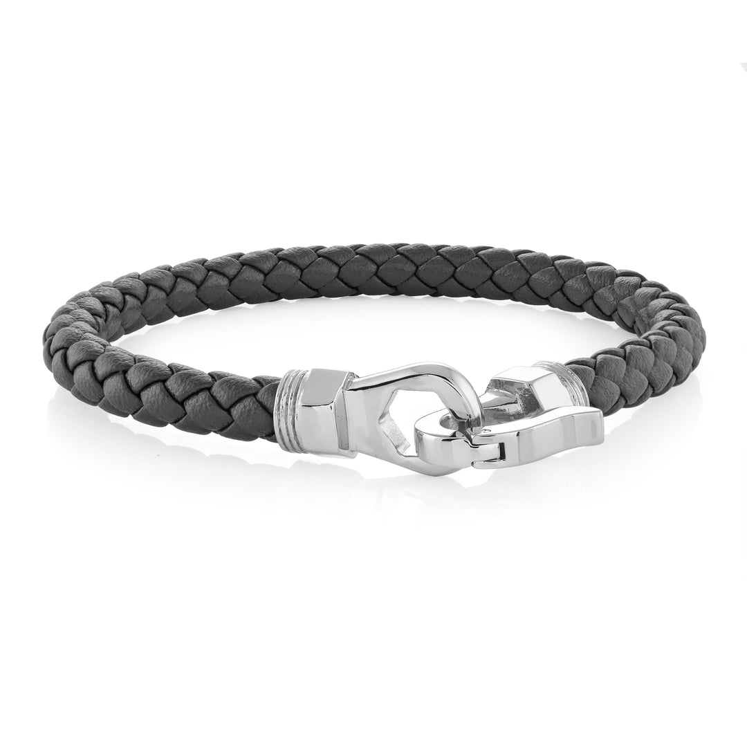 Stainless Steel Hook Clasp Black Leather 8.5" Men’s Bracelet