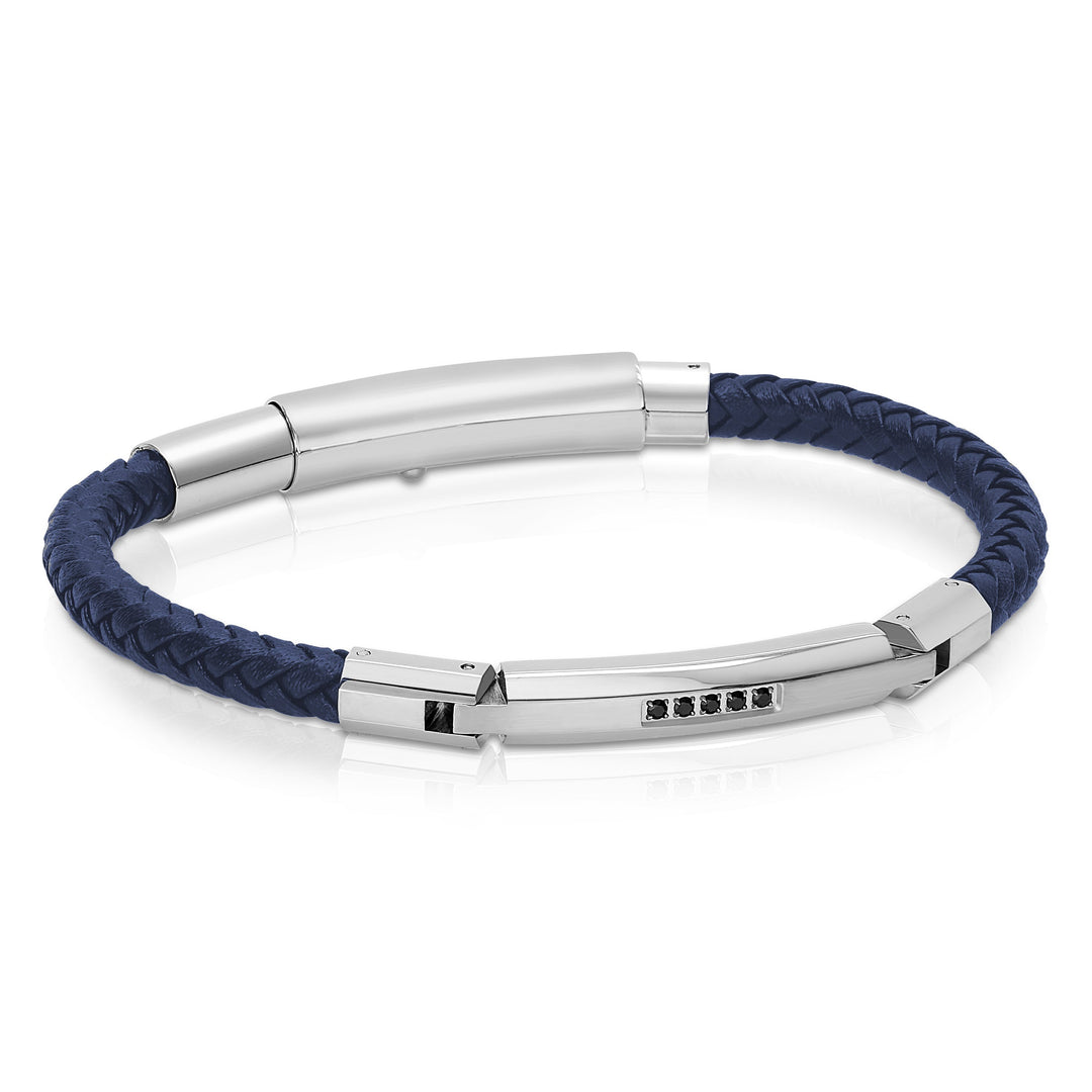 Stainless Steel Black CZ And Navy Blue Leather Adjustable Bracelet