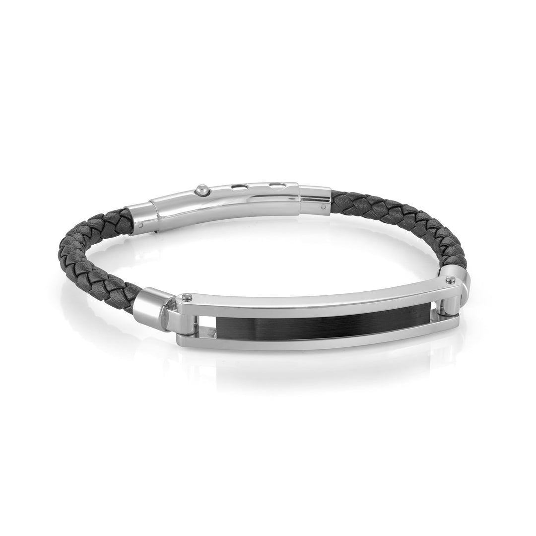 Black IP Stainless Steel And Black Leather Adjustable Men’s Bracelet