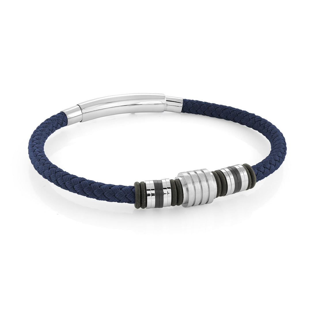 Stainless Steel Black IP Matte Center Navy Blue Nylon Adjustable Bracelet