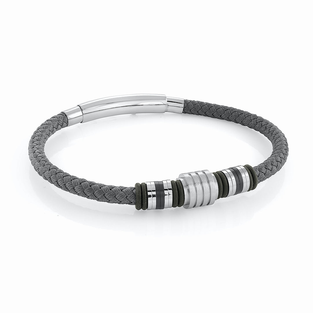Black Matte Stainless Steel And Grey Nylon Adjustable Men’s Bracelet