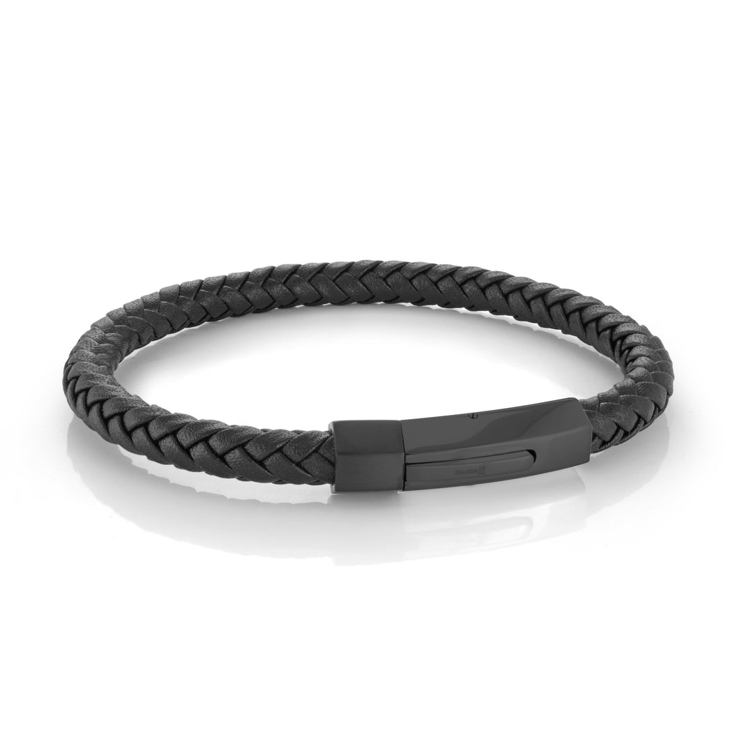 Black IP Stainless Steel Matte Polished Push Clasp Black Leather Bracelet