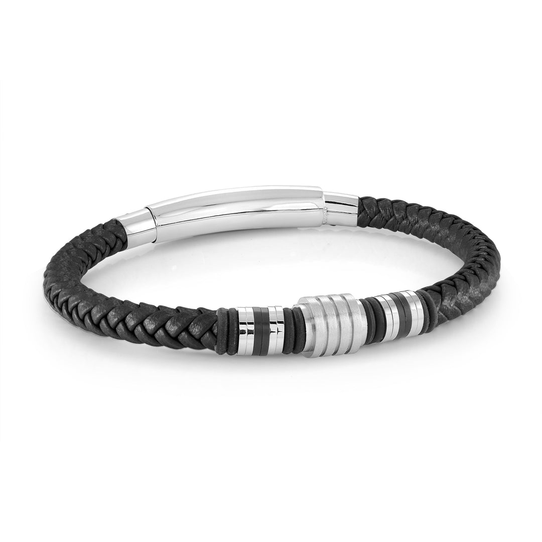 Black IP Stainless Steel And Black Leather Adjustable Bracelet