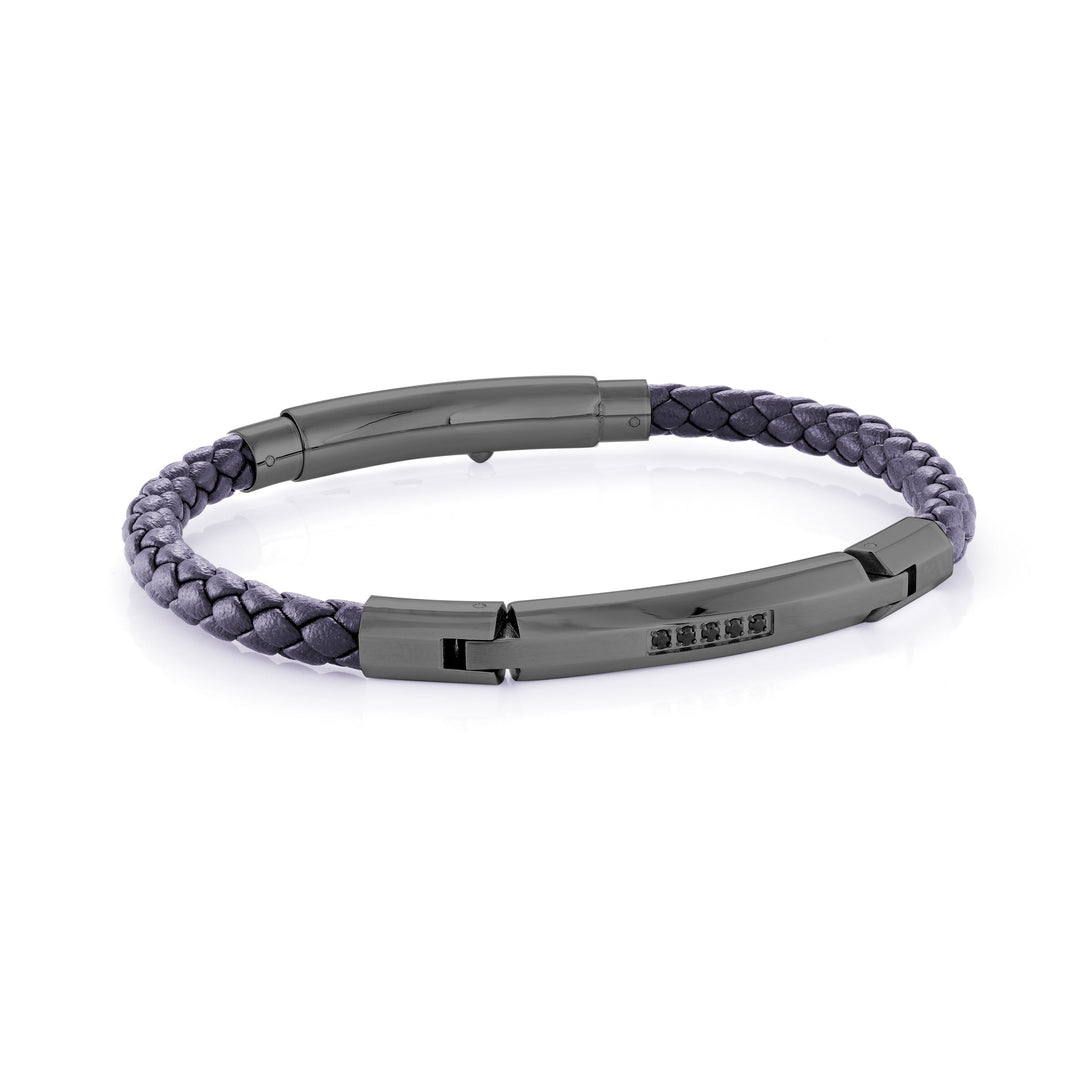 Gunmetal Stainless Steel Black CZ Plate Blue Leather Adjustable Bracelet