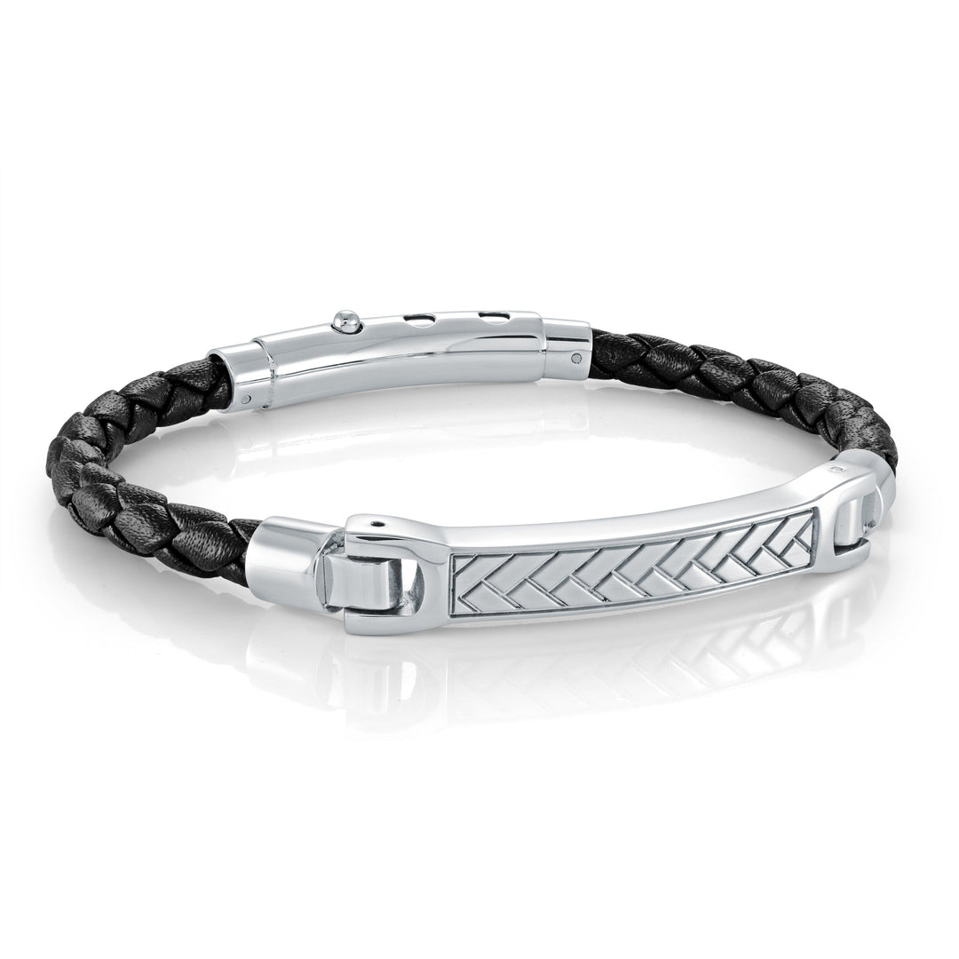 Stainless Steel Chevron 3-Way Clasp Black Leather Bracelet